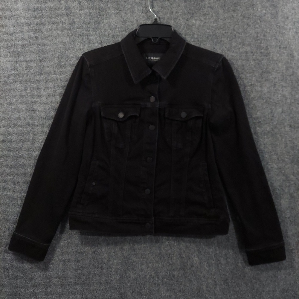 Liverpool Jacket Womens Small Black Denim Button Front Collared Pockets Short